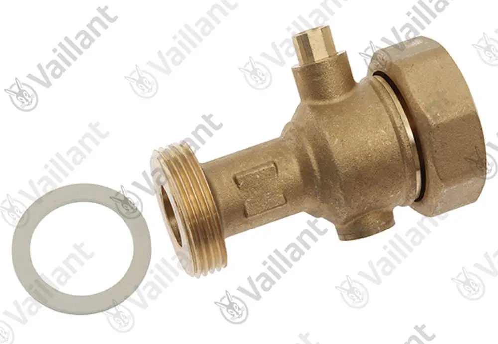 Vaillant Absperrventil aus Messing mit Gewindeanschluss und Dichtscheibe. Das Ventil hat eine seitliche Anschlussöffnung für weitere Rohrverbindungen.
